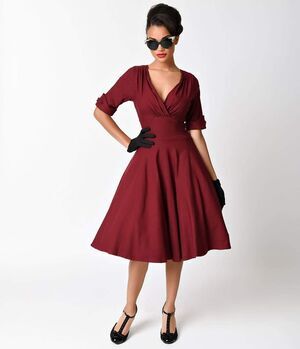 Unique Vintage Burgundy Delores Swing Dress with Sleeves M 6/8